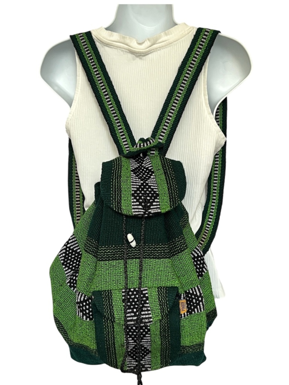 Pinzon Woven Boho Baja Backpack Green Mexican Drawstring